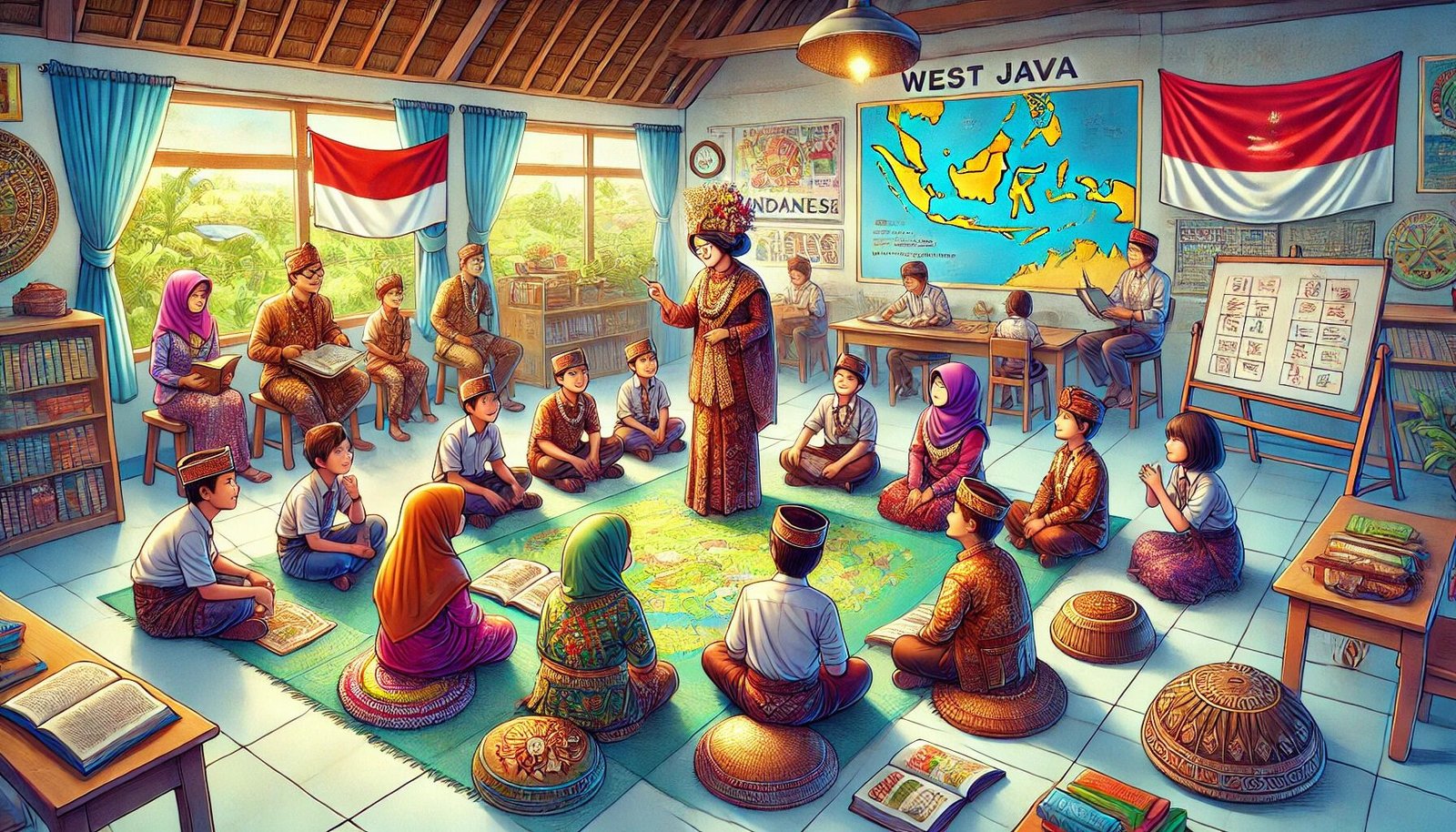 Adegan ruang kelas yang mengilustrasikan pengajaran bahasa sunda dan budaya Sunda. Latarnya adalah ruang kelas yang cerah dan ramah, di mana seorang guru sedang mengajar