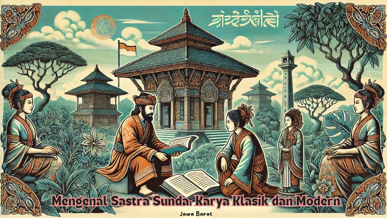 Sebuah ilustrasi detail yang merepresentasikan sastra Sunda dengan elemen klasik dan modern, menunjukkan adegan dua tokoh Sunda dalam tradisi sunda