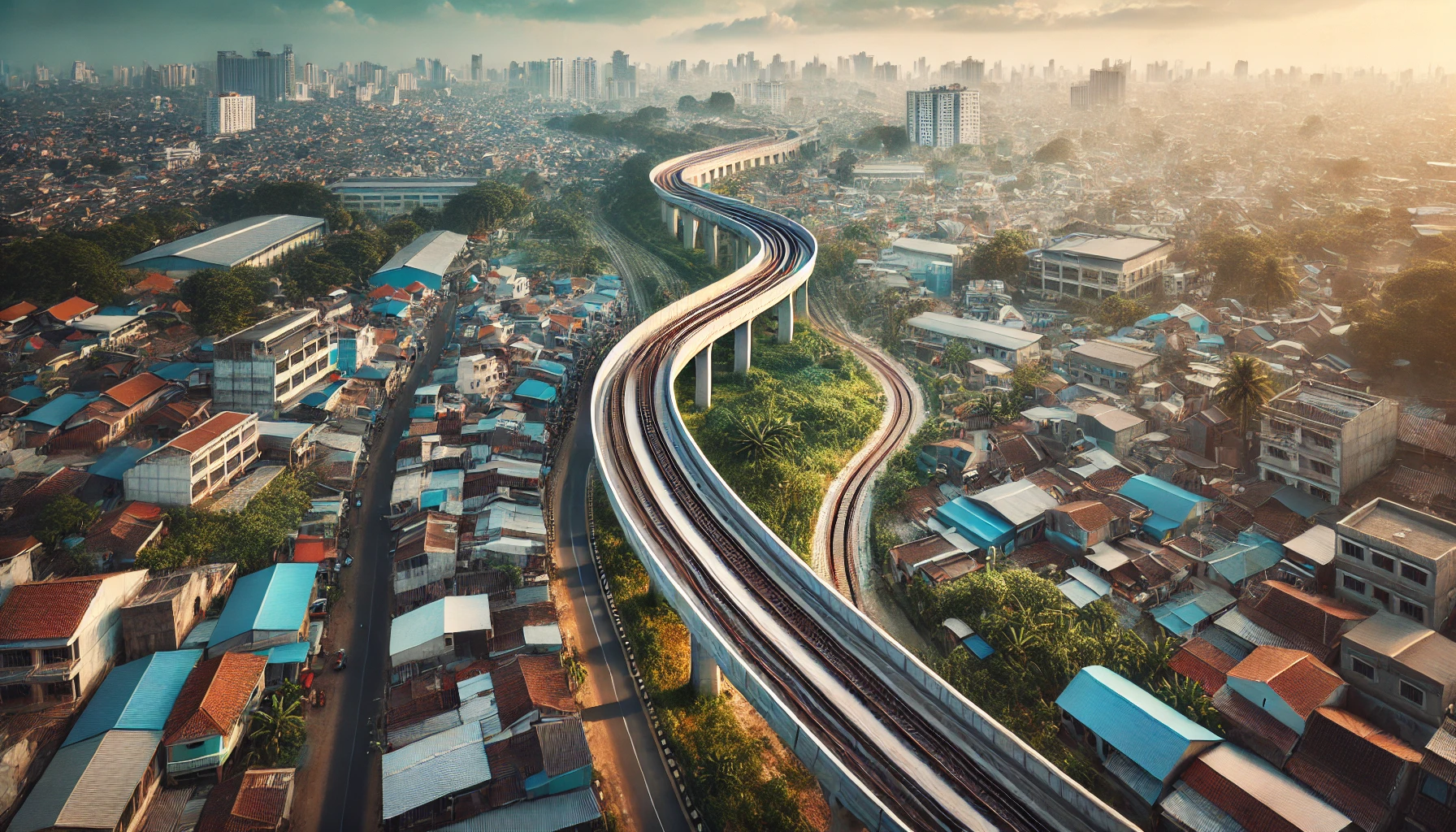 Pemandangan udara dari jalan layang yang baru dibangun di lingkungan perkotaan di Indonesia, Flyover Ciroyom. Jalan layang ini meliuk-liuk di sekitar rel kereta api, dengan kerumunan.