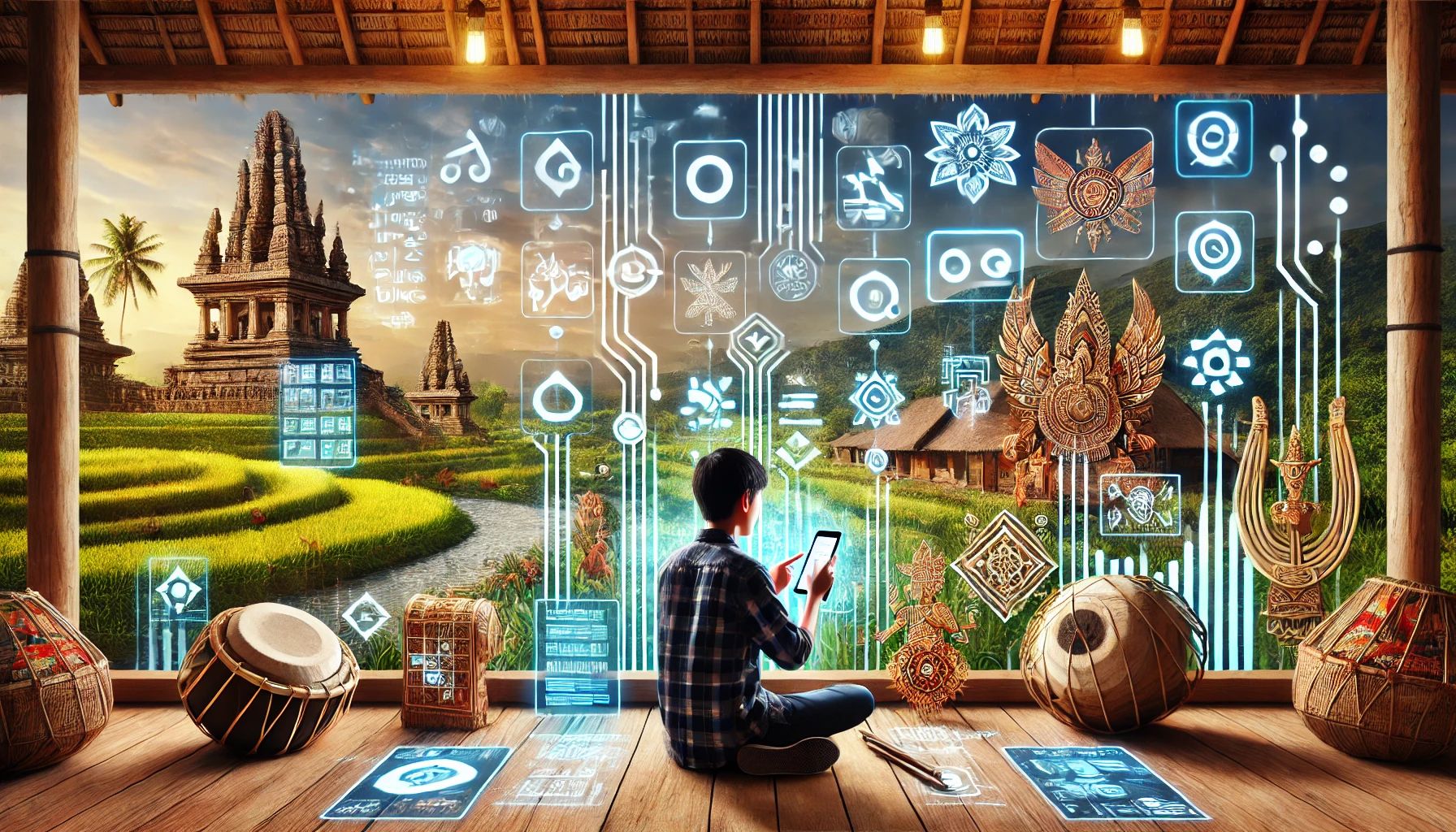 Penggambaran realistis dari latar digital modern yang menampilkan budaya Sunda di era teknologi. Gambar ini menampilkan seorang anak muda yang menggunakan teknologi pintar Belajar Bahasa Sunda
