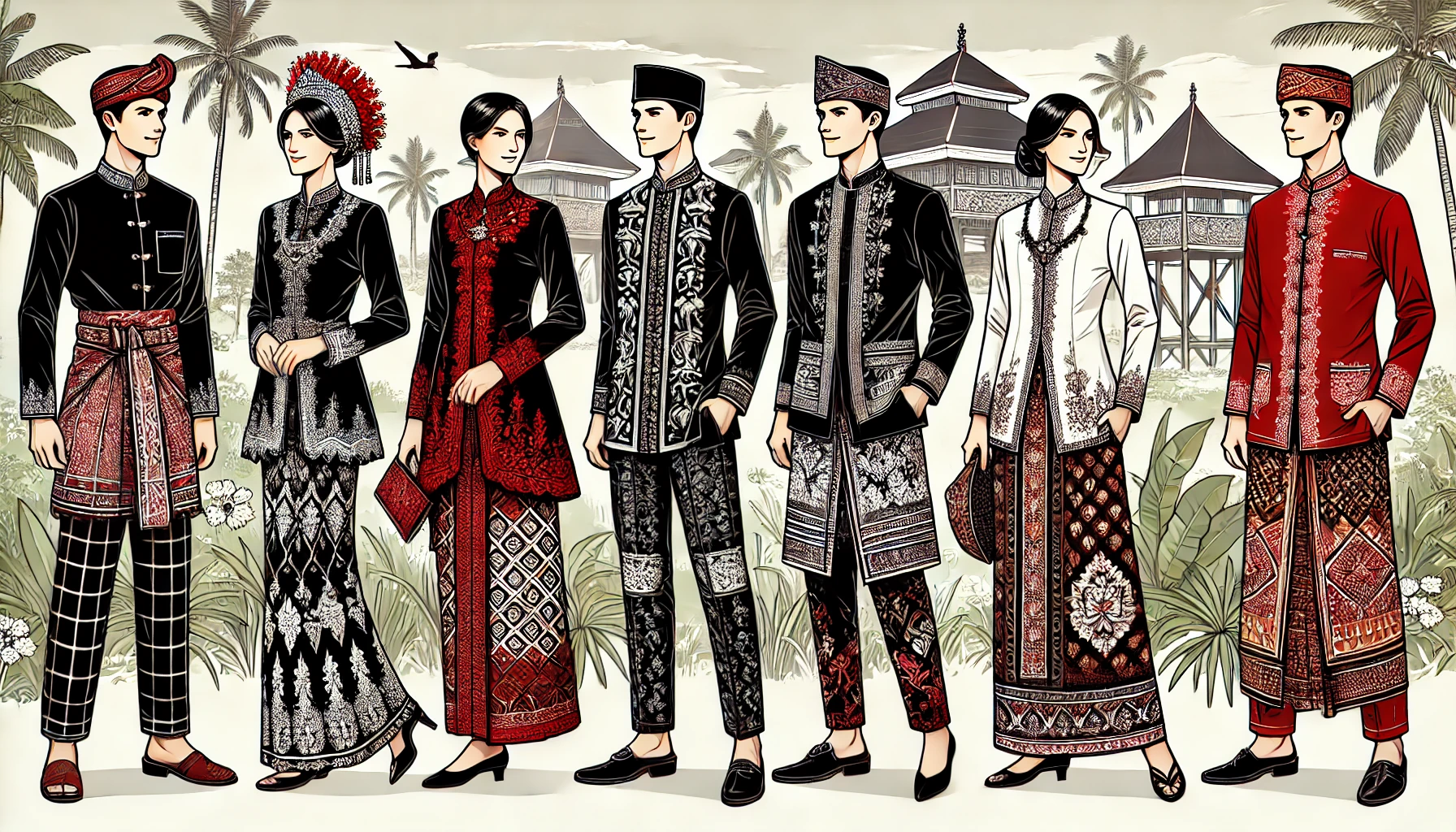 Sebuah ilustrasi Jenis-Jenis Pakaian Adat Sunda yang menunjukkan berbagai macam pakaian adat Sunda