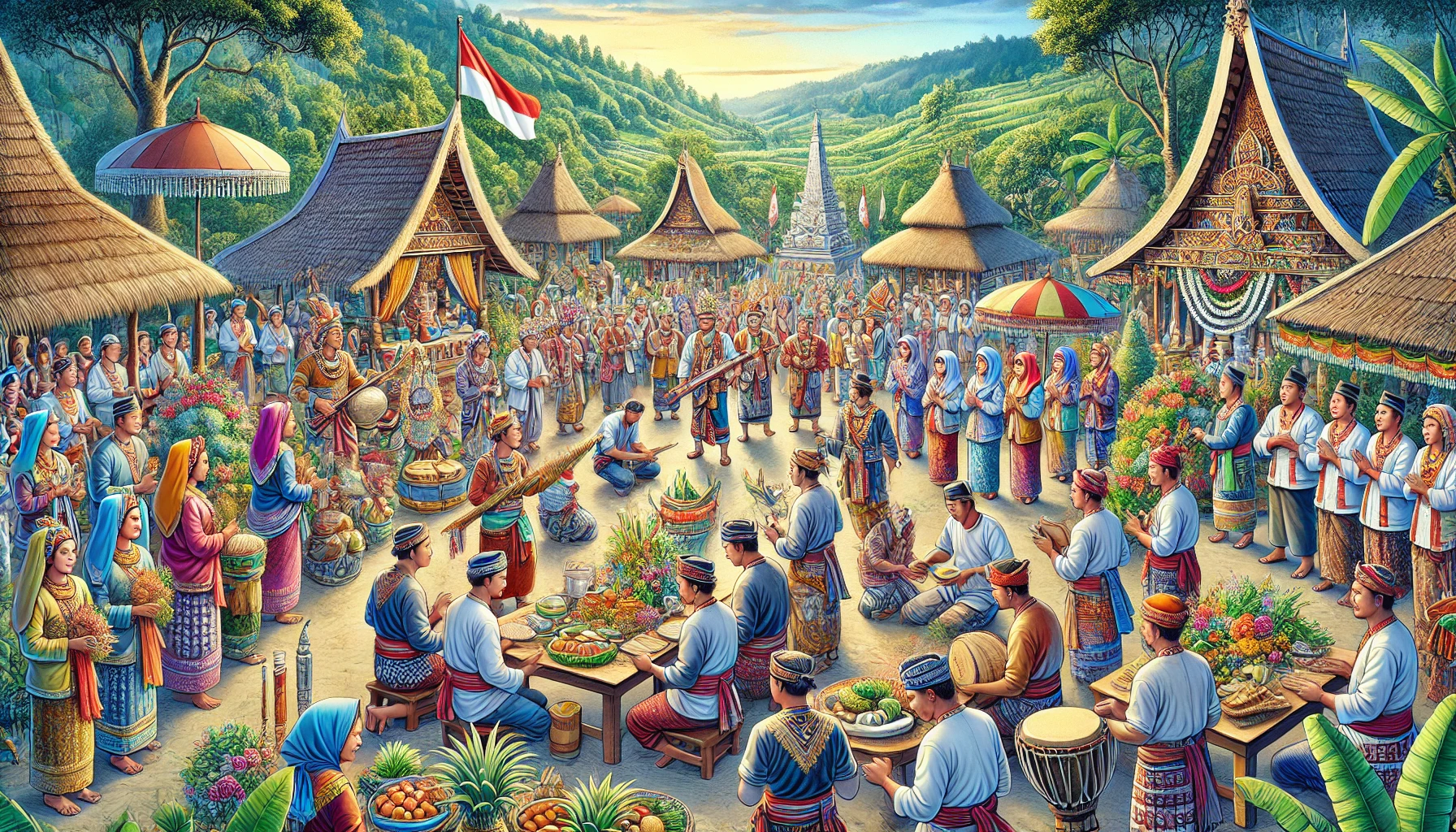 Sebuah ilustrasi rinci yang menggambarkan upacara Adat Sunda, budaya tradisional Sunda Seren Taun di Jawa Barat, Indonesia.