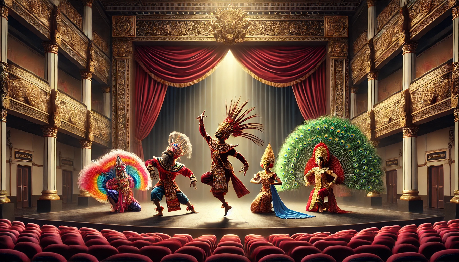 Adegan realistis penari tari tradisional Sunda yang tampil di panggung teater yang megah.