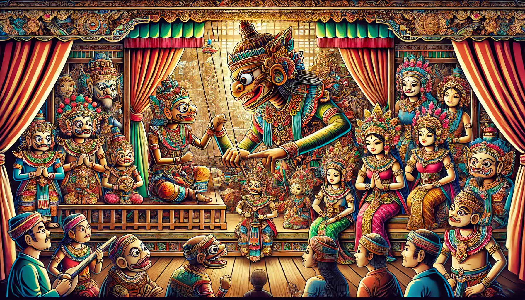 Gambar ilustrasi pertunjukan Wayang Golek tradisional, yang menampilkan boneka kayu yang diukir rumit dengan kostum warna-warni