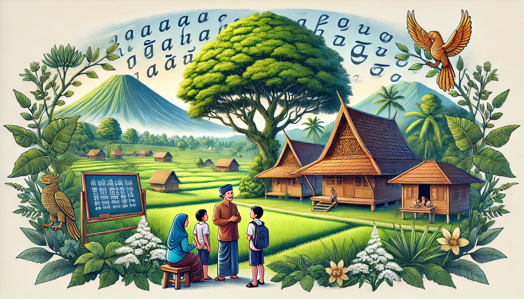 Gambar ilustrasi yang menampilkan esensi pelestarian budaya dan bahasa Sunda.