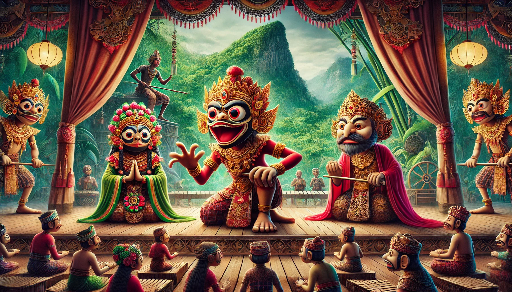 Ilustrasi yang menampilkan tiga karakter ikonik Wayang Golek Cepot, Dawala, dan Gareng.